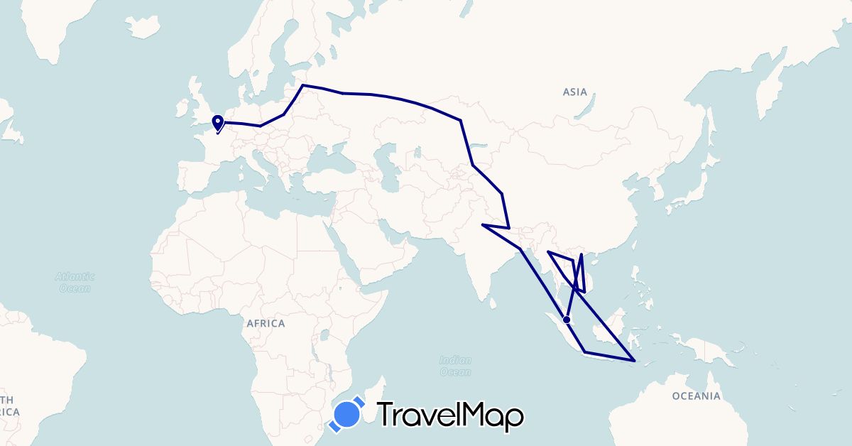 TravelMap itinerary: driving in China, France, Indonesia, India, Kyrgyzstan, Cambodia, Laos, Latvia, Myanmar (Burma), Malaysia, Nepal, Poland, Russia, Thailand, Vietnam (Asia, Europe)